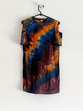 Tie-Dye Cold-Shoulder Mini Dress in Blue & Orange
